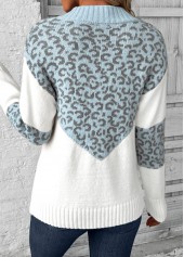 Leopard Patchwork Light Blue Long Sleeve V Neck Sweater