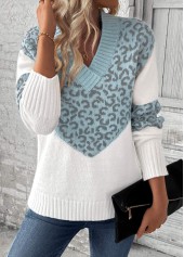 Leopard Patchwork Light Blue Long Sleeve V Neck Sweater