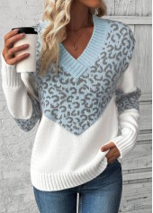 Leopard Patchwork Light Blue Long Sleeve V Neck Sweater