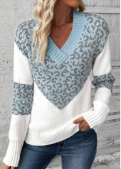 Leopard Patchwork Light Blue Long Sleeve V Neck Sweater