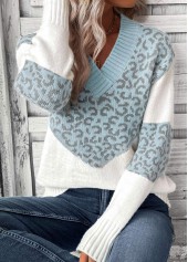 Leopard Patchwork Light Blue Long Sleeve V Neck Sweater