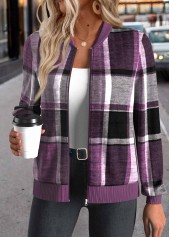 Plaid Zipper Purple Long Sleeve Stand Collar Jacket