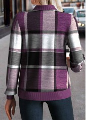 Plaid Zipper Purple Long Sleeve Stand Collar Jacket
