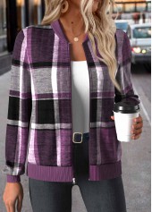 Plaid Zipper Purple Long Sleeve Stand Collar Jacket