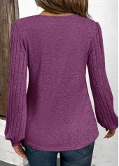 Button Purple Long Sleeve V Neck T Shirt