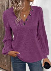 Button Purple Long Sleeve V Neck T Shirt