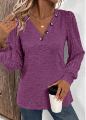 Button Purple Long Sleeve V Neck T Shirt
