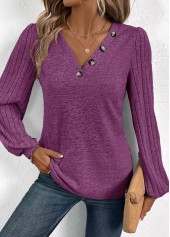 Button Purple Long Sleeve V Neck T Shirt