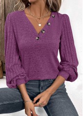 Button Purple Long Sleeve V Neck T Shirt
