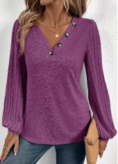 Button Purple Long Sleeve V Neck T Shirt