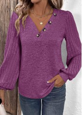 Button Purple Long Sleeve V Neck T Shirt