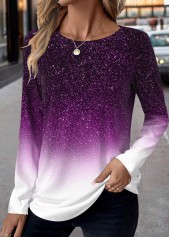 Ombre Patchwork Purple Long Sleeve Round Neck T Shirt