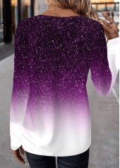 Ombre Patchwork Purple Long Sleeve Round Neck T Shirt