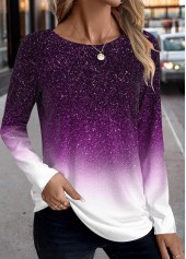 Ombre Patchwork Purple Long Sleeve Round Neck T Shirt