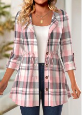 Plaid Button Pink Long Sleeve Coat