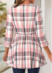 Plaid Button Pink Long Sleeve Coat