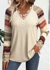 Plus Size Beige Embroidery Striped Long Sleeve T Shirt