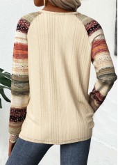 Plus Size Beige Embroidery Striped Long Sleeve T Shirt