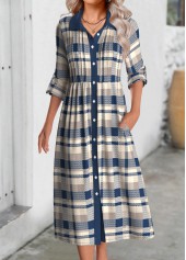 Plaid Button Multi Color Long Sleeve Shirt Collar Dress