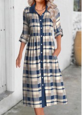 Plaid Button Multi Color Long Sleeve Shirt Collar Dress