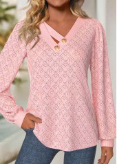 Jacquard Light Pink Long Sleeve V Neck T Shirt