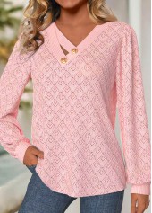 Jacquard Light Pink Long Sleeve V Neck T Shirt