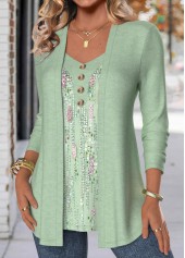 Geometric Print Button Light Green Fake Two Piece Twinset
