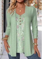 Geometric Print Button Light Green Fake Two Piece Twinset