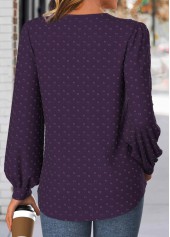 Embroidery Purple Long Sleeve Split Neck Blouse