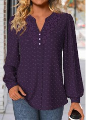 Embroidery Purple Long Sleeve Split Neck Blouse