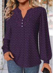 Embroidery Purple Long Sleeve Split Neck Blouse