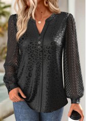 Jacquard Black Long Sleeve Split Neck Blouse