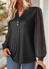 Jacquard Black Long Sleeve Split Neck Blouse
