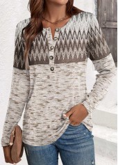 Chevron Print Button Light Coffee Long Sleeve T Shirt