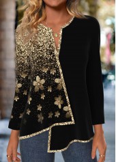 Ombre Patchwork Black Long Sleeve Split Neck Blouse