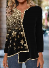 Ombre Patchwork Black Long Sleeve Split Neck Blouse