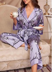Belted Floral Print Purple Lounge Top and Pants