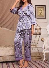 Belted Floral Print Purple Lounge Top and Pants