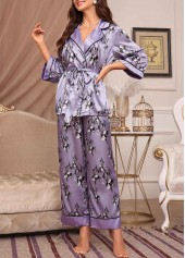 Belted Floral Print Purple Lounge Top and Pants
