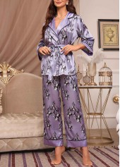 Belted Floral Print Purple Lounge Top and Pants