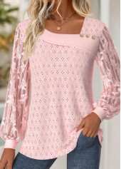 Lace Light Pink Long Sleeve Asymmetrical Neck T Shirt