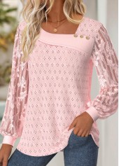 Lace Light Pink Long Sleeve Asymmetrical Neck T Shirt