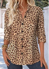 Leopard Button Light Camel Long Sleeve Shirt