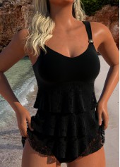 V Neck Lace Black Tankini Set