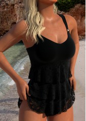 V Neck Lace Black Tankini Set