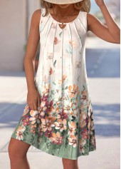 Floral Print Cut Out Beige A Line Sleeveless Dress