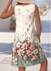 Floral Print Cut Out Beige A Line Sleeveless Dress