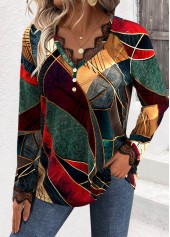 Geometric Print Embroidery Multi Color Long Sleeve T Shirt