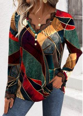 Geometric Print Embroidery Multi Color Long Sleeve T Shirt
