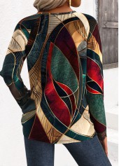 Geometric Print Embroidery Multi Color Long Sleeve T Shirt